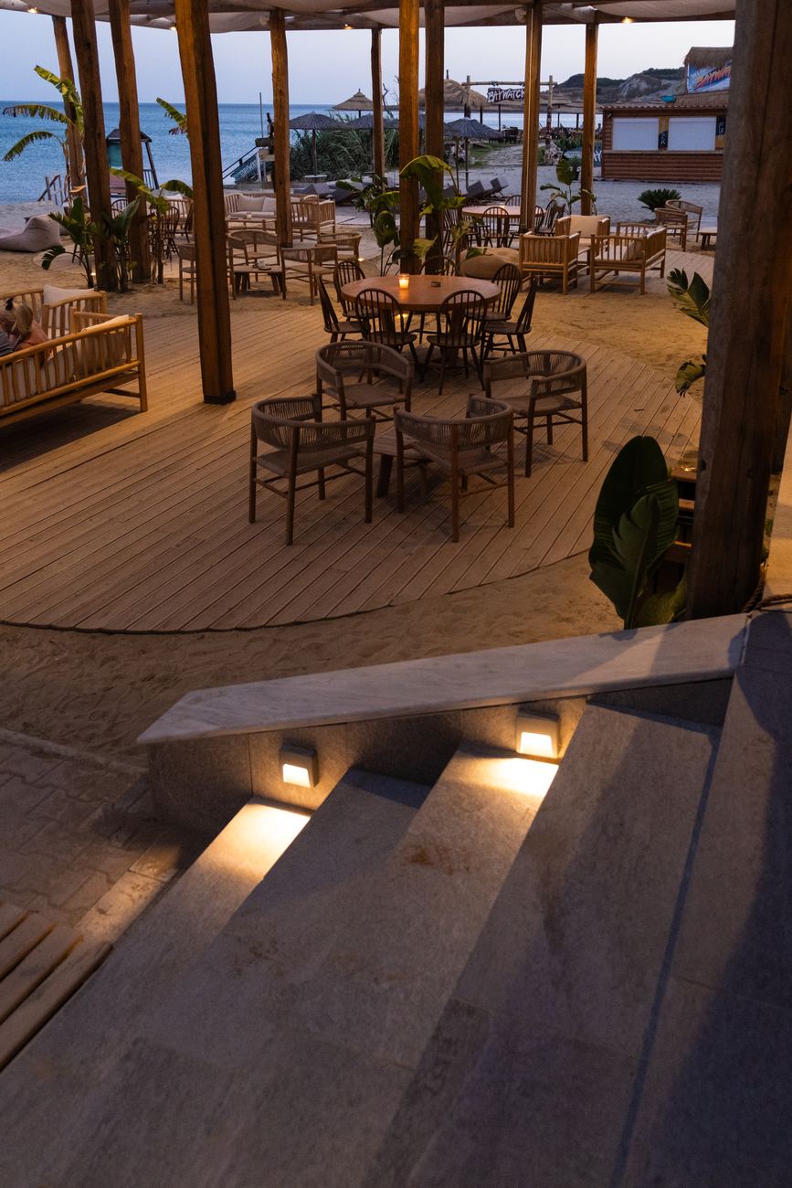 Warm evening lights on the Alaya deck