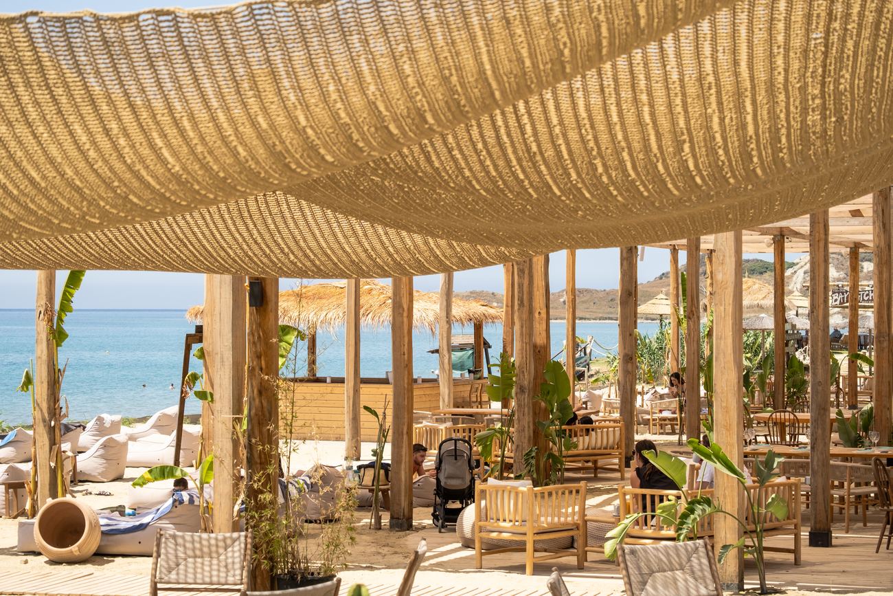 Woven canopy over the sea at Alaya